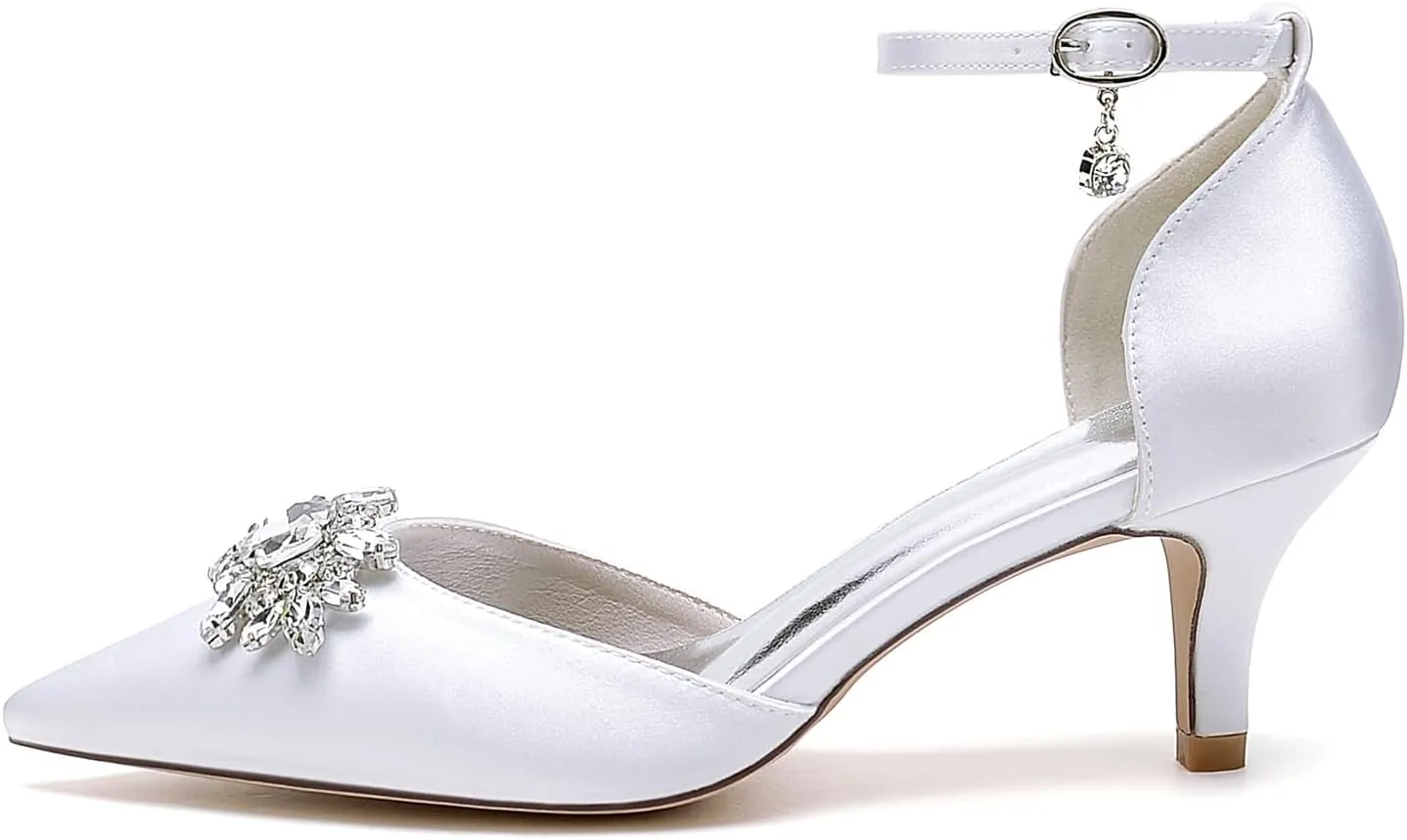 Closed Toe Satin Kitten Heels Wedding Shoes for Bride Low Heels Ankle Strap Bridal Shoes Rhinestones Shoes Pumps