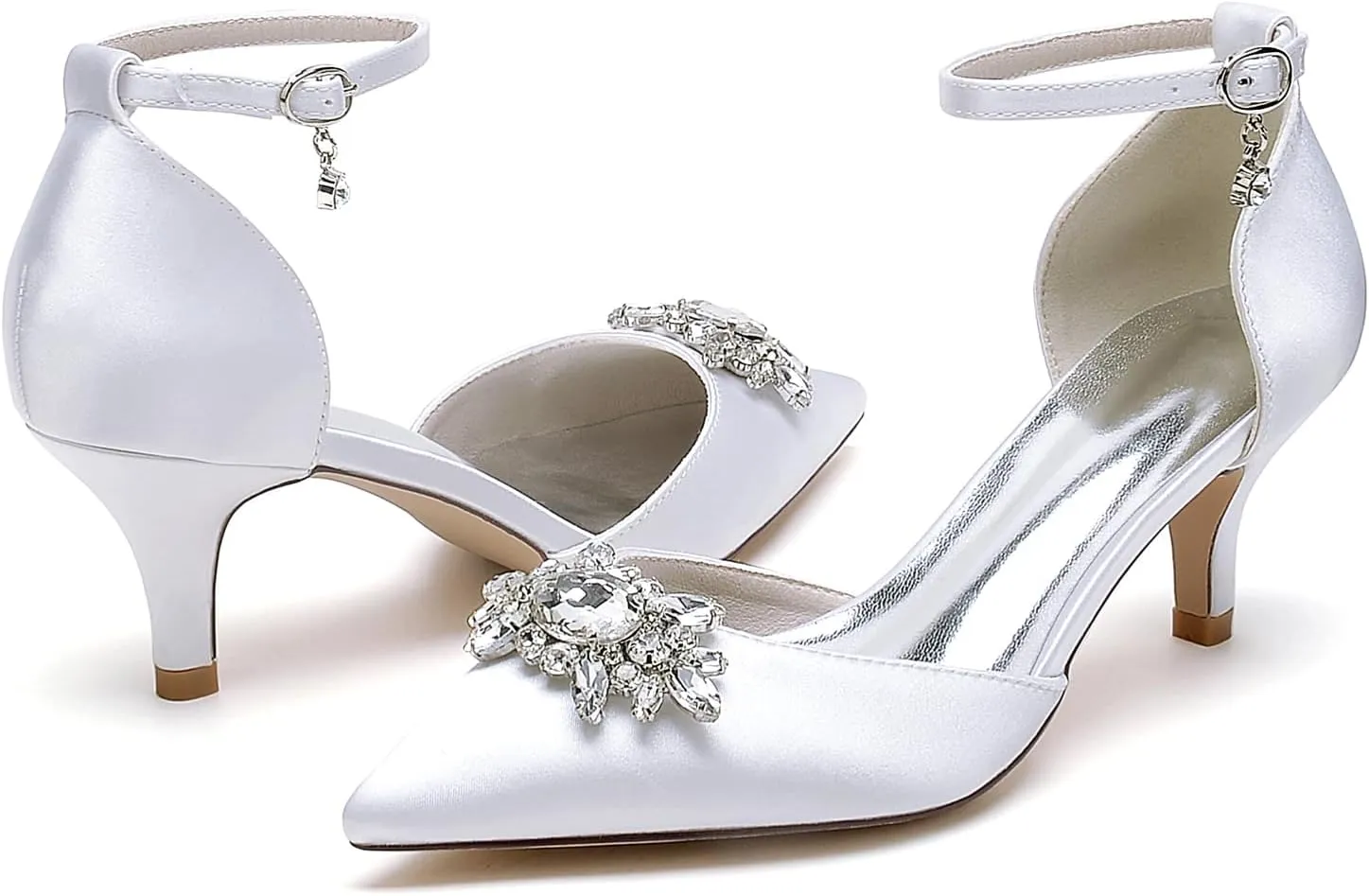 Closed Toe Satin Kitten Heels Wedding Shoes for Bride Low Heels Ankle Strap Bridal Shoes Rhinestones Shoes Pumps