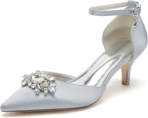 Closed Toe Satin Kitten Heels Wedding Shoes for Bride Low Heels Ankle Strap Bridal Shoes Rhinestones Shoes Pumps