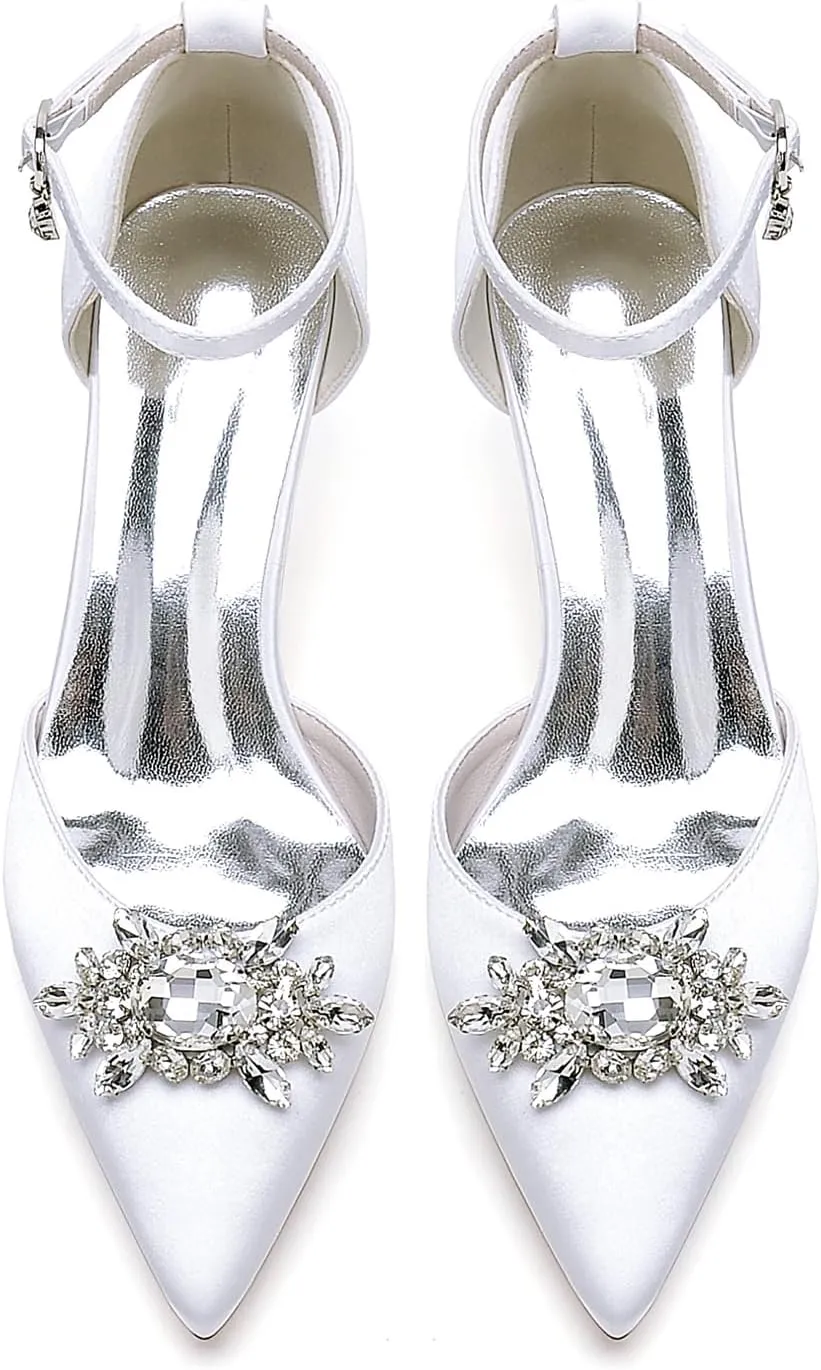 Closed Toe Satin Kitten Heels Wedding Shoes for Bride Low Heels Ankle Strap Bridal Shoes Rhinestones Shoes Pumps