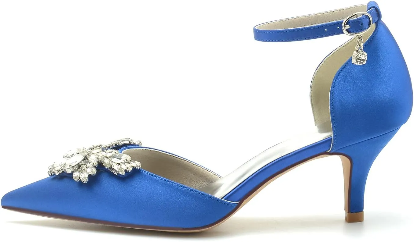 Closed Toe Satin Low Kitten Heels White Wedding Shoes for Bride Ankle Strap Rhinestones Beaded Bridal Shoes Evening Prom Party Dress Pumps for Women