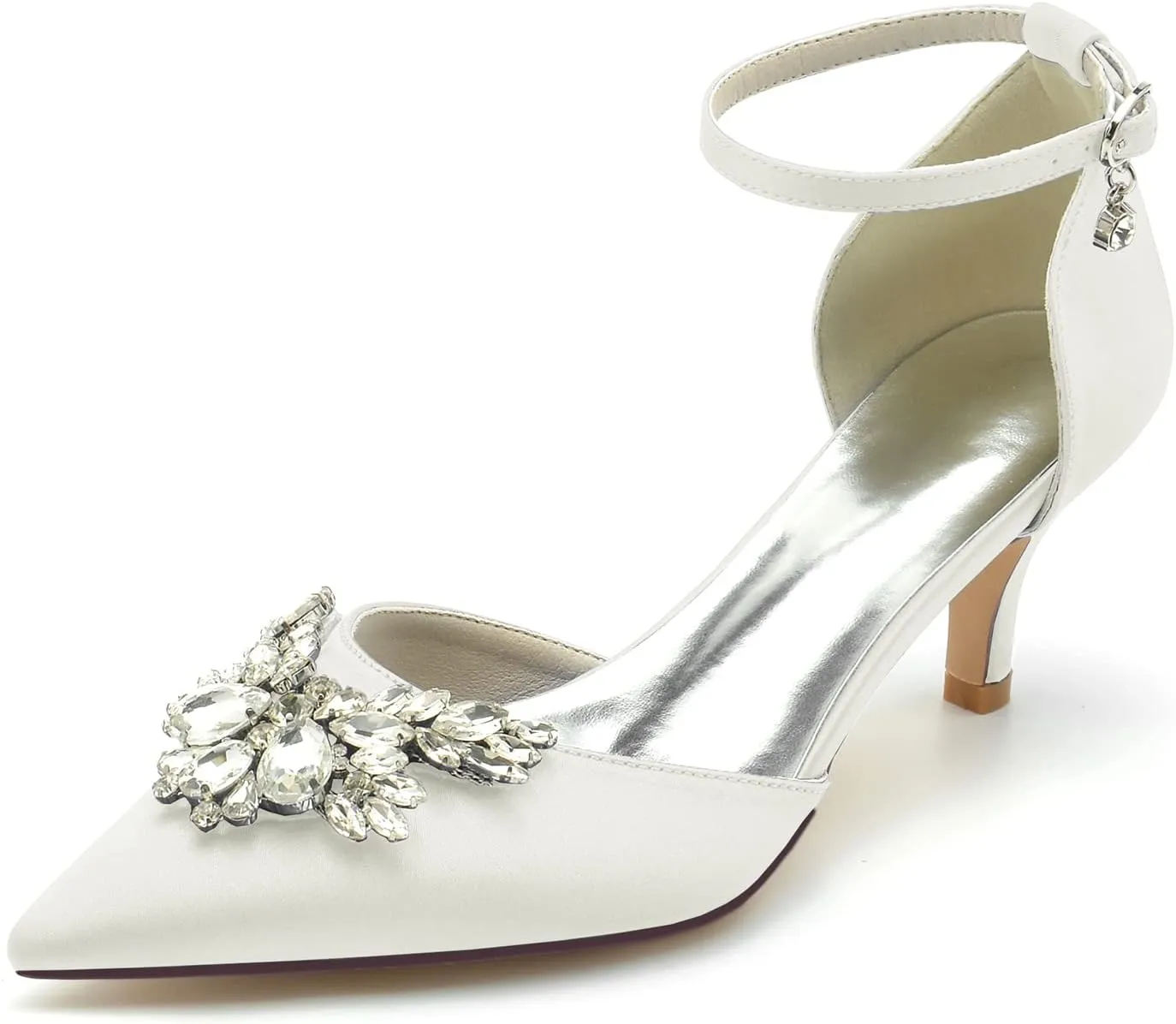 Closed Toe Satin Low Kitten Heels White Wedding Shoes for Bride Ankle Strap Rhinestones Beaded Bridal Shoes Evening Prom Party Dress Pumps for Women