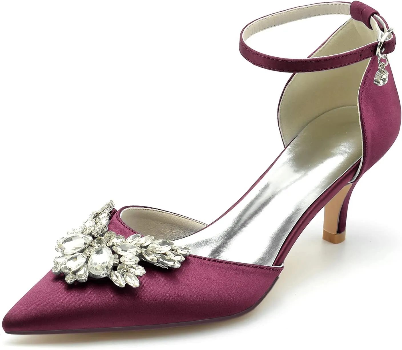 Closed Toe Satin Low Kitten Heels White Wedding Shoes for Bride Ankle Strap Rhinestones Beaded Bridal Shoes Evening Prom Party Dress Pumps for Women