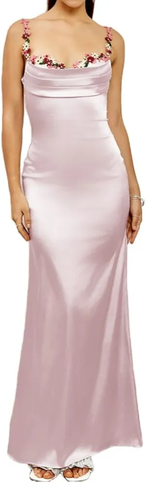 Colysmo Women's Satin Spaghetti Strap Slip Bodycon Maxi Dress Sleeveless Wedding Guest Elegant Evening Party Dresses