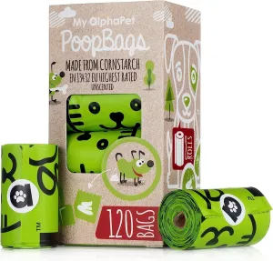 Compostable Dog Poop Bags, Cornstarch Eco-Friendly, HOME COMPOST NF T 51-800, 120 Count, Large Size Bag 9x13 Inches, 8 Unscented Refill Rolls, Leak-proof, Plantbased, GM-Free Corn