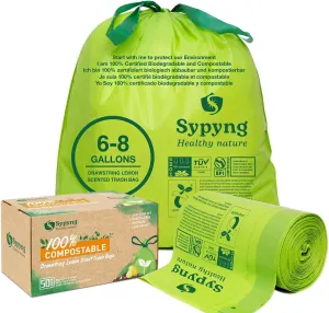 Compostable Trash Bags - Compost Bags with Drawstring - 100% Biodegradable & Recyclable, Heavy Duty Garbage Bags 50 Counts, ASTM D6400, US BPI (Green, 8 Gallon)