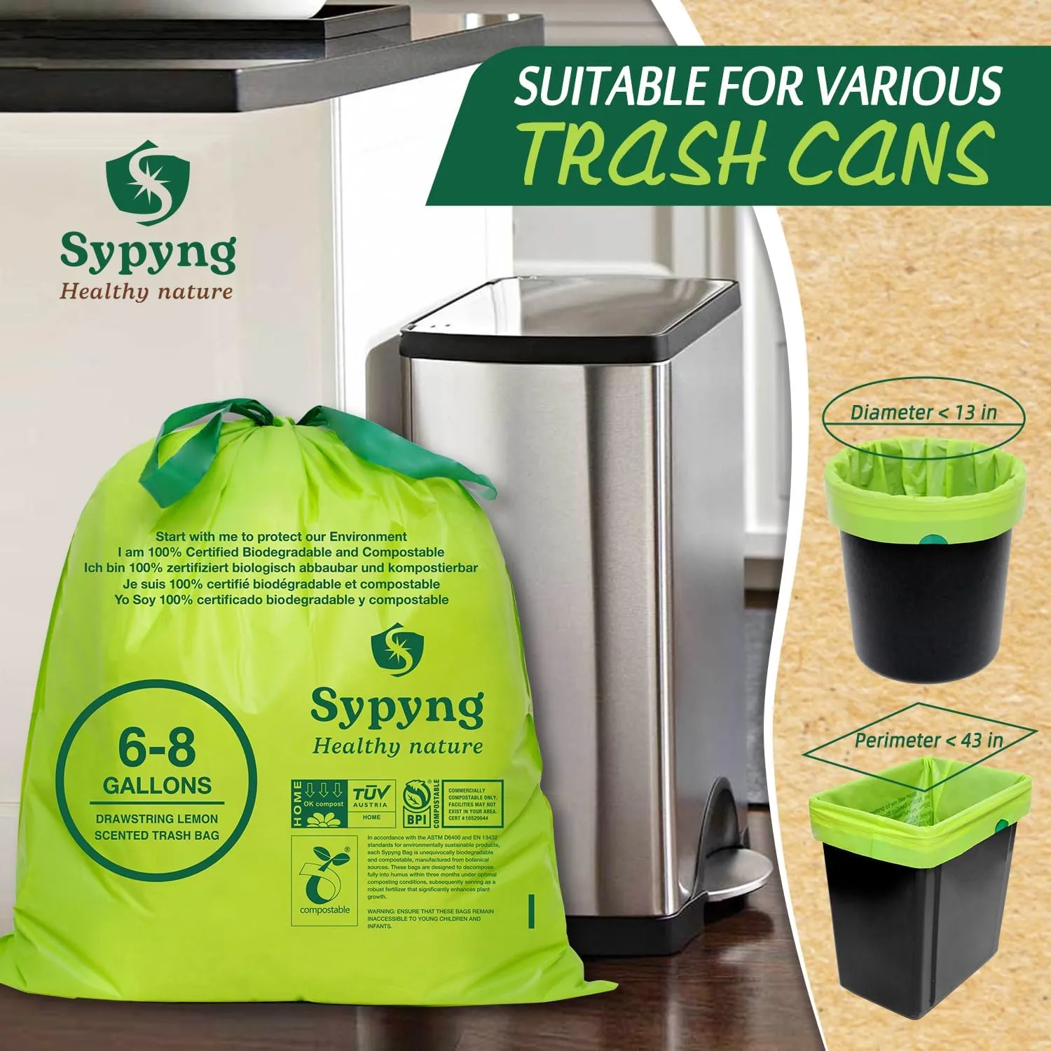 Compostable Trash Bags - Compost Bags with Drawstring - 100% Biodegradable & Recyclable, Heavy Duty Garbage Bags 50 Counts, ASTM D6400, US BPI (Green, 8 Gallon)