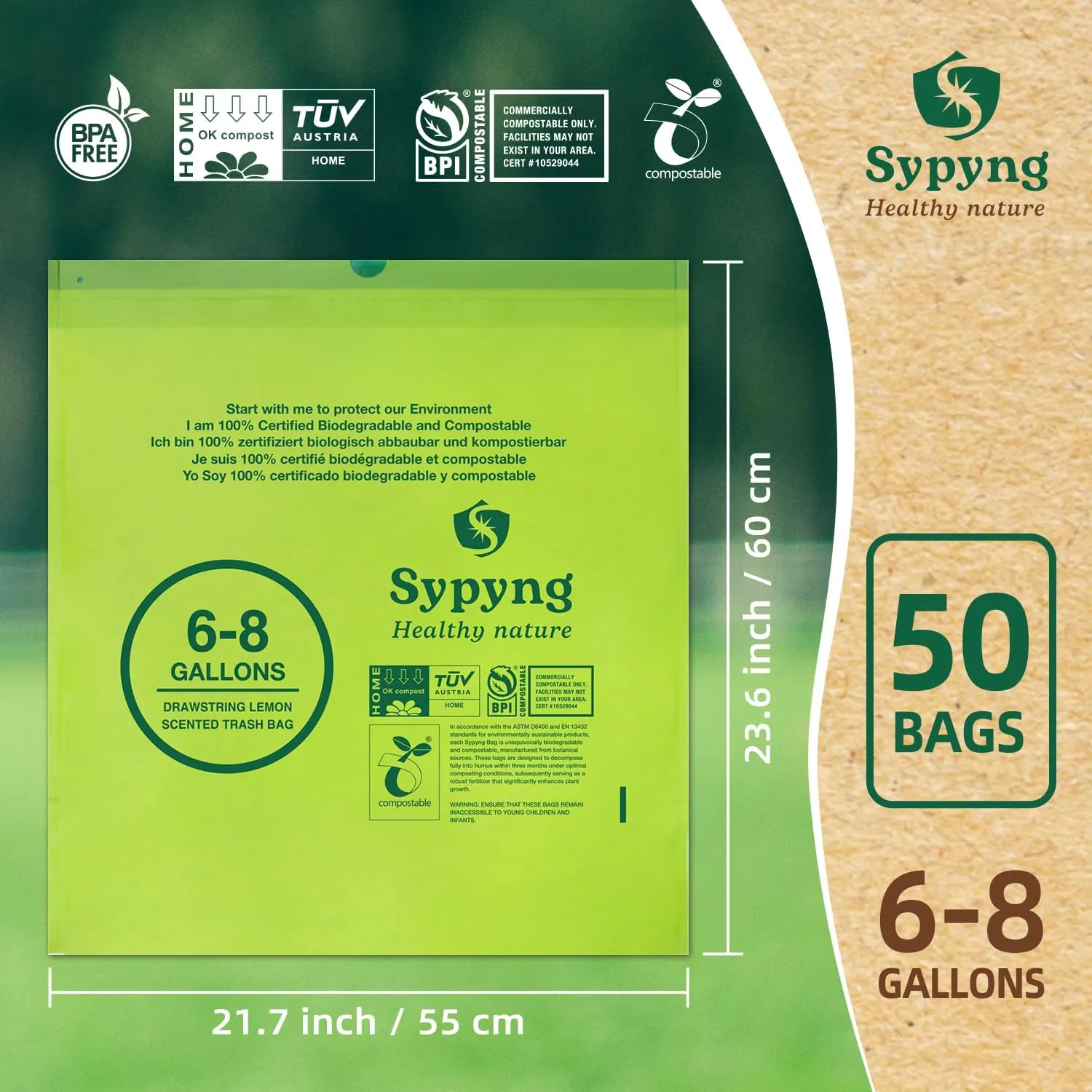 Compostable Trash Bags - Compost Bags with Drawstring - 100% Biodegradable & Recyclable, Heavy Duty Garbage Bags 50 Counts, ASTM D6400, US BPI (Green, 8 Gallon)