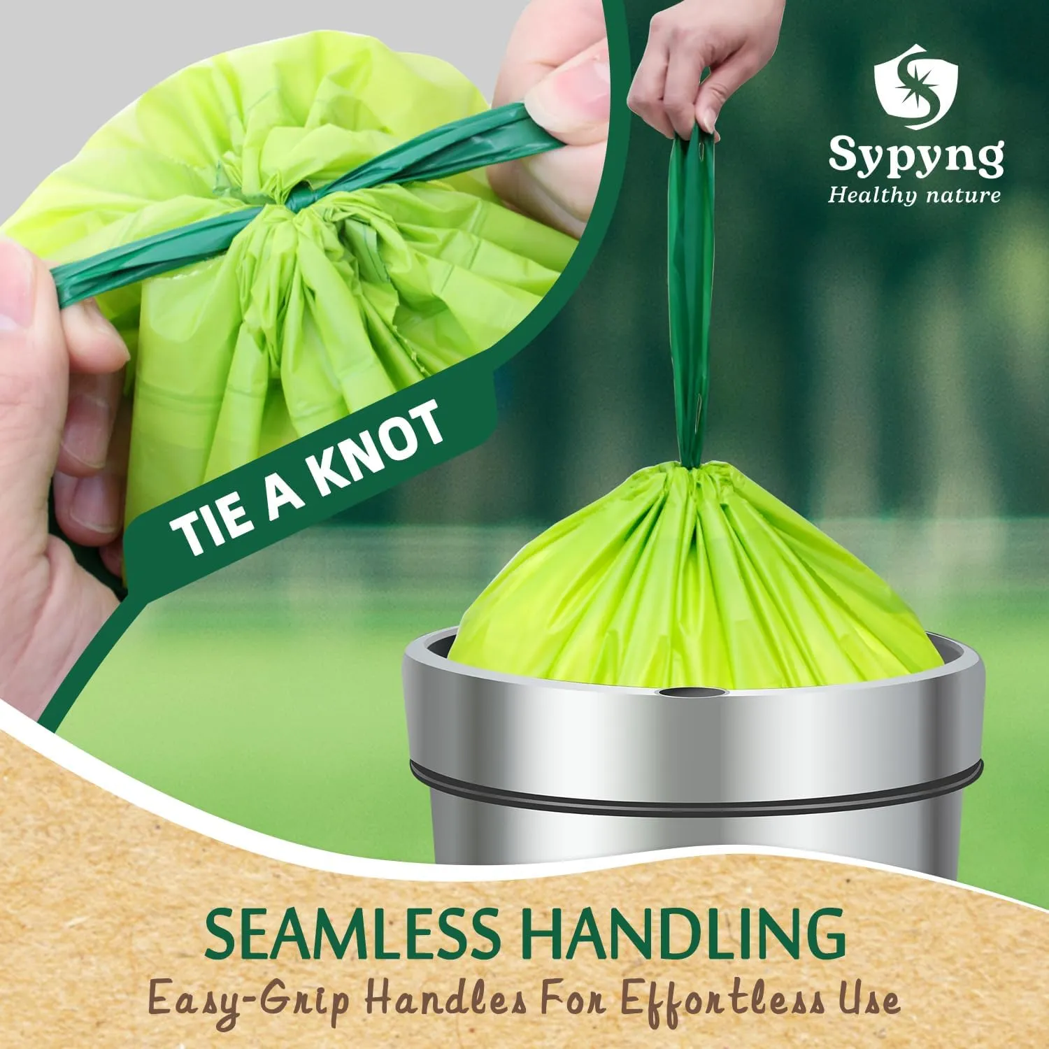 Compostable Trash Bags - Compost Bags with Drawstring - 100% Biodegradable & Recyclable, Heavy Duty Garbage Bags 50 Counts, ASTM D6400, US BPI (Green, 8 Gallon)