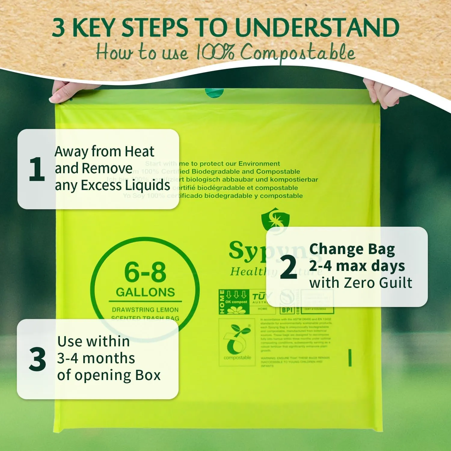 Compostable Trash Bags - Compost Bags with Drawstring - 100% Biodegradable & Recyclable, Heavy Duty Garbage Bags 50 Counts, ASTM D6400, US BPI (Green, 8 Gallon)