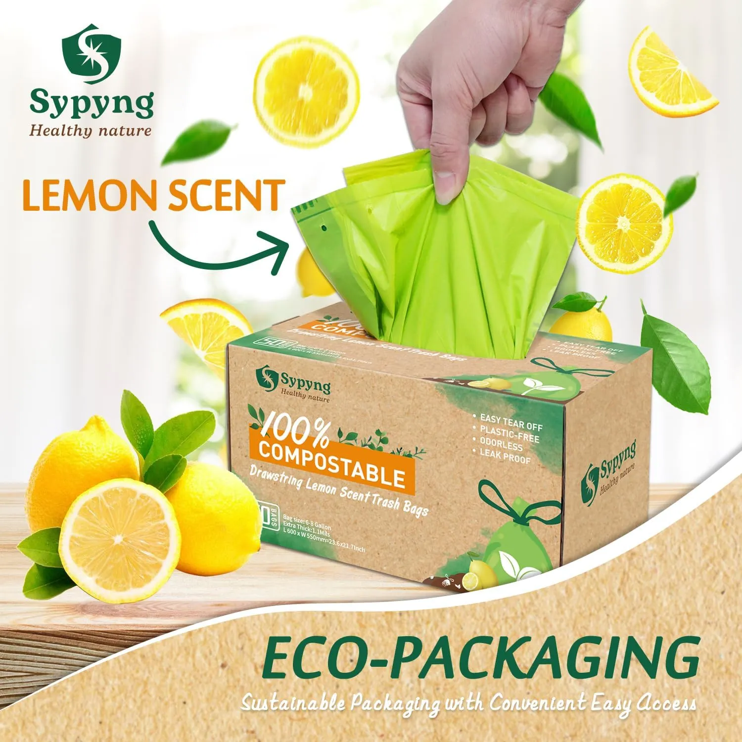 Compostable Trash Bags - Compost Bags with Drawstring - 100% Biodegradable & Recyclable, Heavy Duty Garbage Bags 50 Counts, ASTM D6400, US BPI (Green, 8 Gallon)