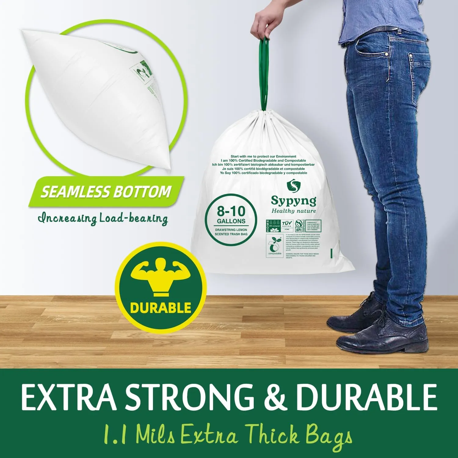 Compostable Trash Bags - Compost Bags with Drawstring - 100% Biodegradable & Recyclable, Heavy Duty Garbage Bags 50 Counts, ASTM D6400, US BPI (White,10 Gallon)