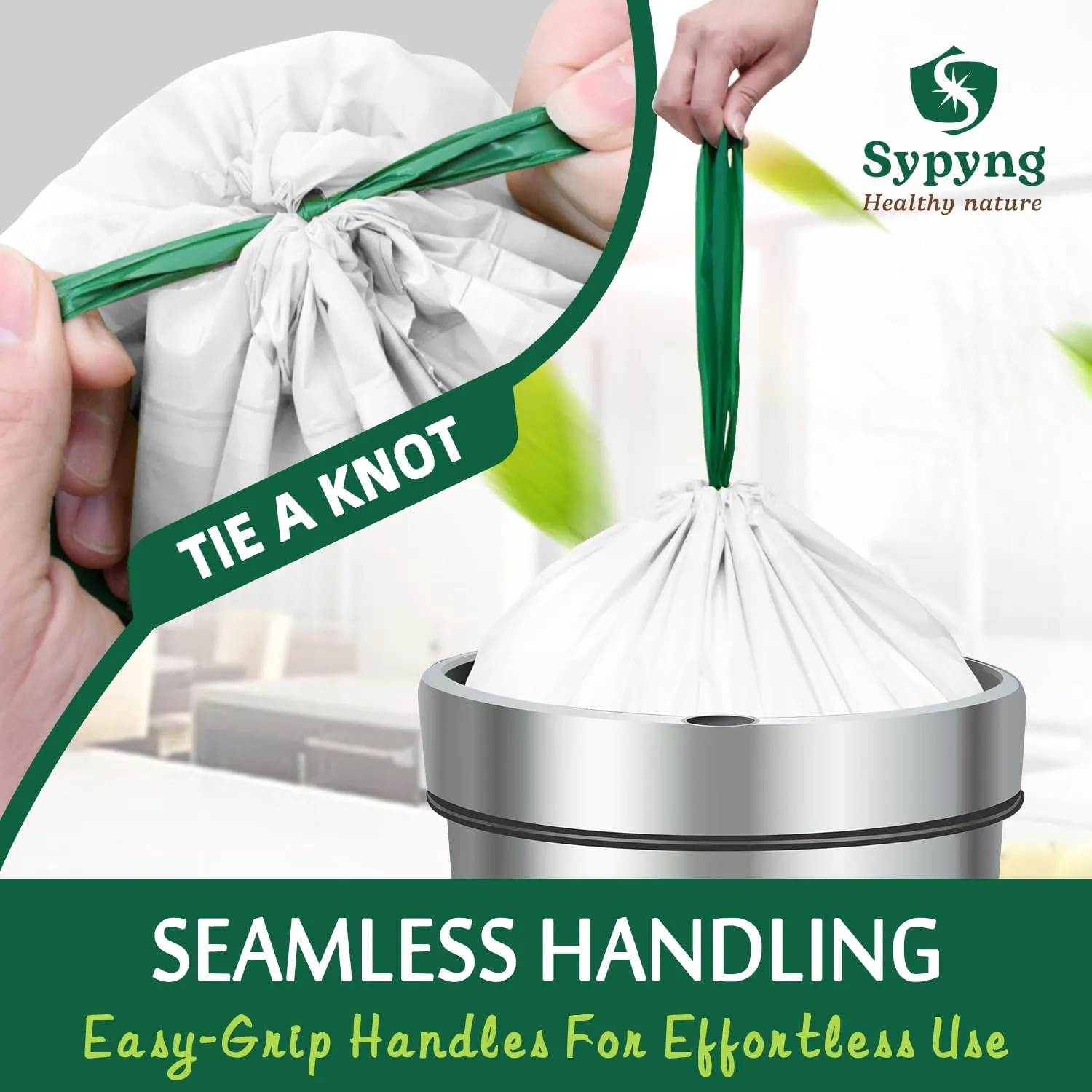 Compostable Trash Bags - Compost Bags with Drawstring - 100% Biodegradable & Recyclable, Heavy Duty Garbage Bags 50 Counts, ASTM D6400, US BPI (White,10 Gallon)
