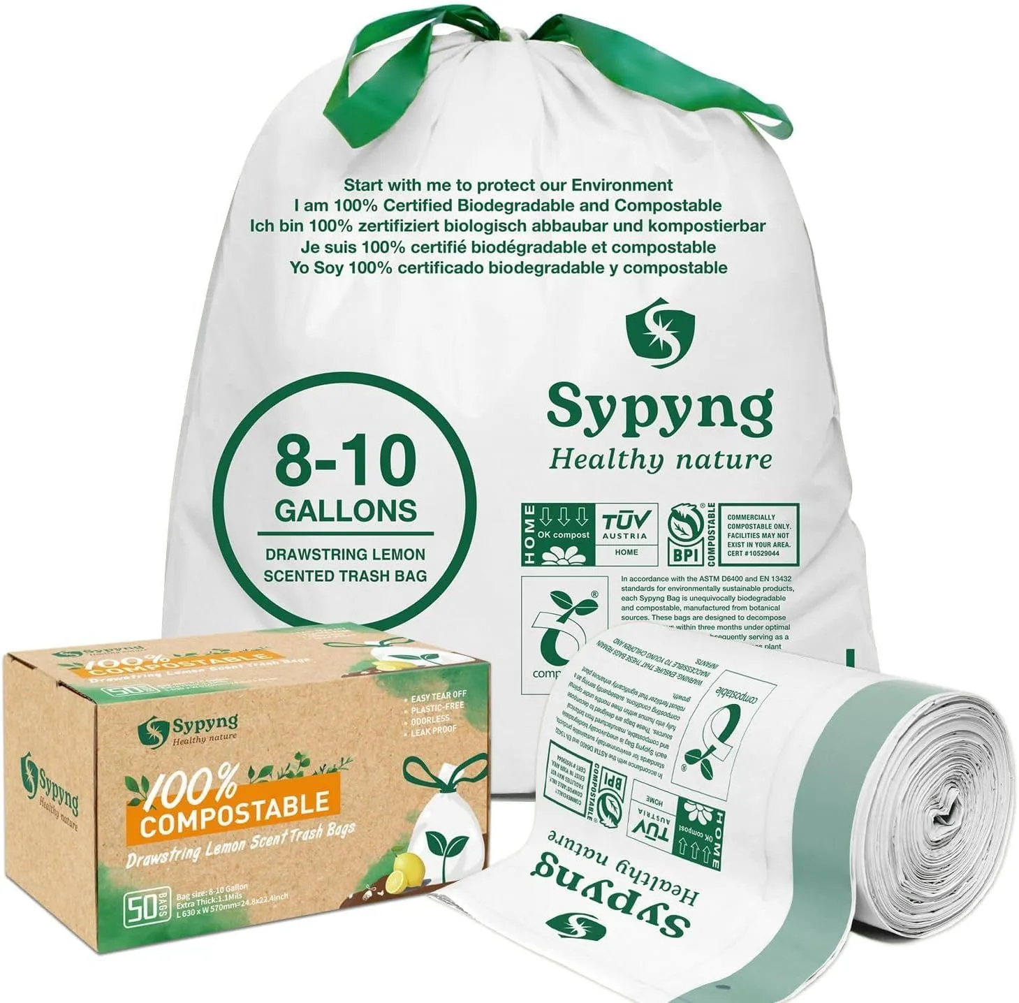 Compostable Trash Bags - Compost Bags with Drawstring - 100% Biodegradable & Recyclable, Heavy Duty Garbage Bags 50 Counts, ASTM D6400, US BPI (White,10 Gallon)
