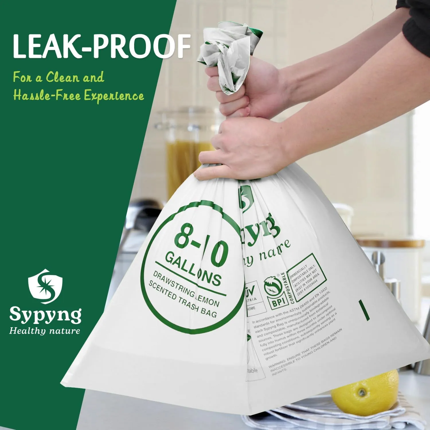 Compostable Trash Bags - Compost Bags with Drawstring - 100% Biodegradable & Recyclable, Heavy Duty Garbage Bags 50 Counts, ASTM D6400, US BPI (White,10 Gallon)