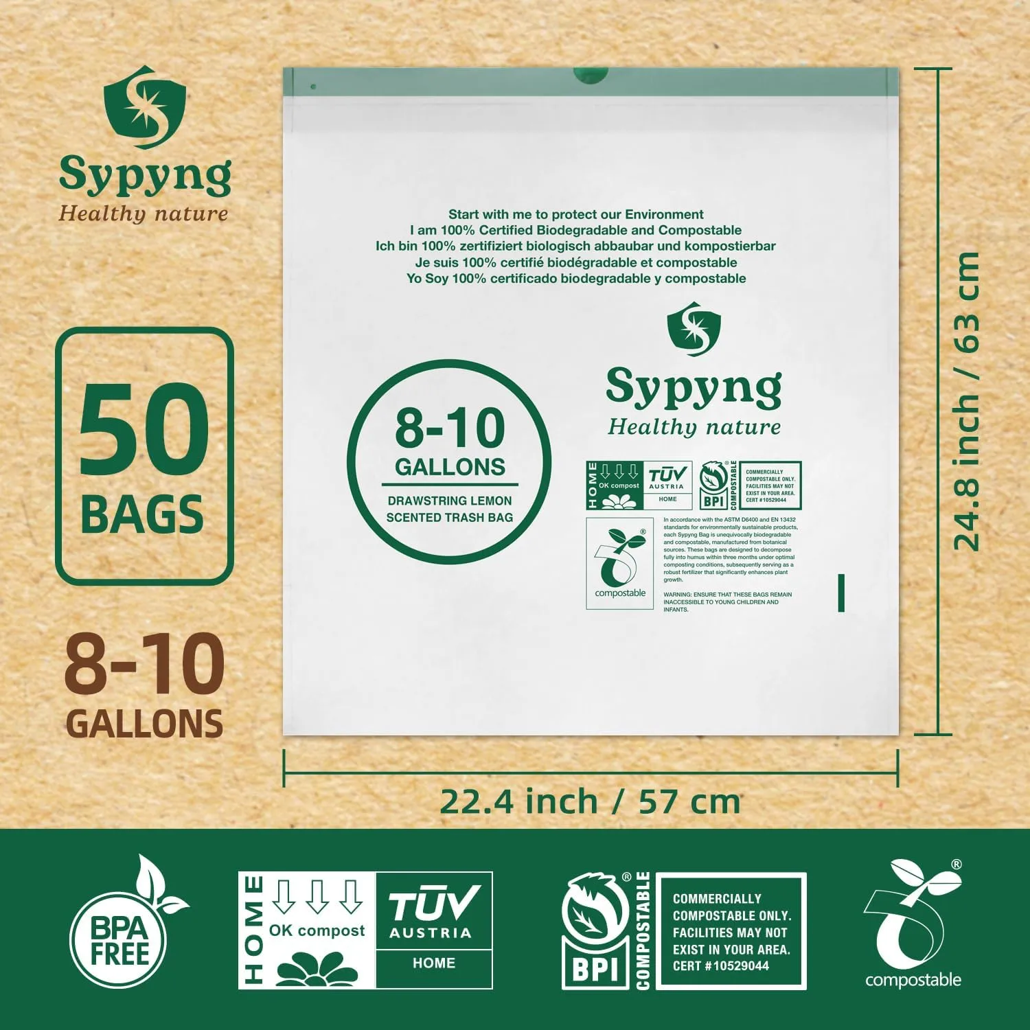 Compostable Trash Bags - Compost Bags with Drawstring - 100% Biodegradable & Recyclable, Heavy Duty Garbage Bags 50 Counts, ASTM D6400, US BPI (White,10 Gallon)