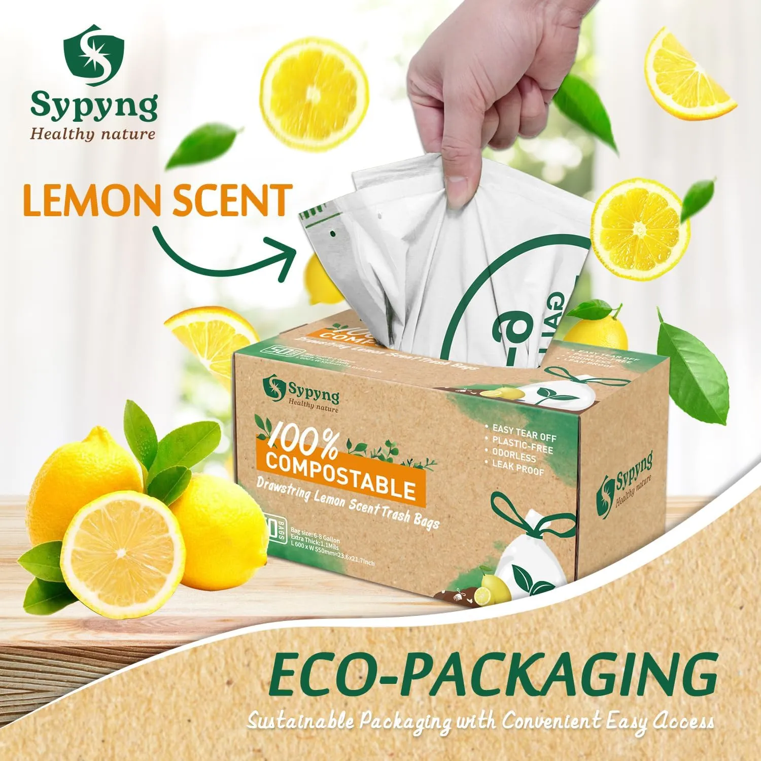 Compostable Trash Bags - Compost Bags with Drawstring - 100% Biodegradable & Recyclable, Heavy Duty Garbage Bags 50 Counts, ASTM D6400, US BPI (White,10 Gallon)