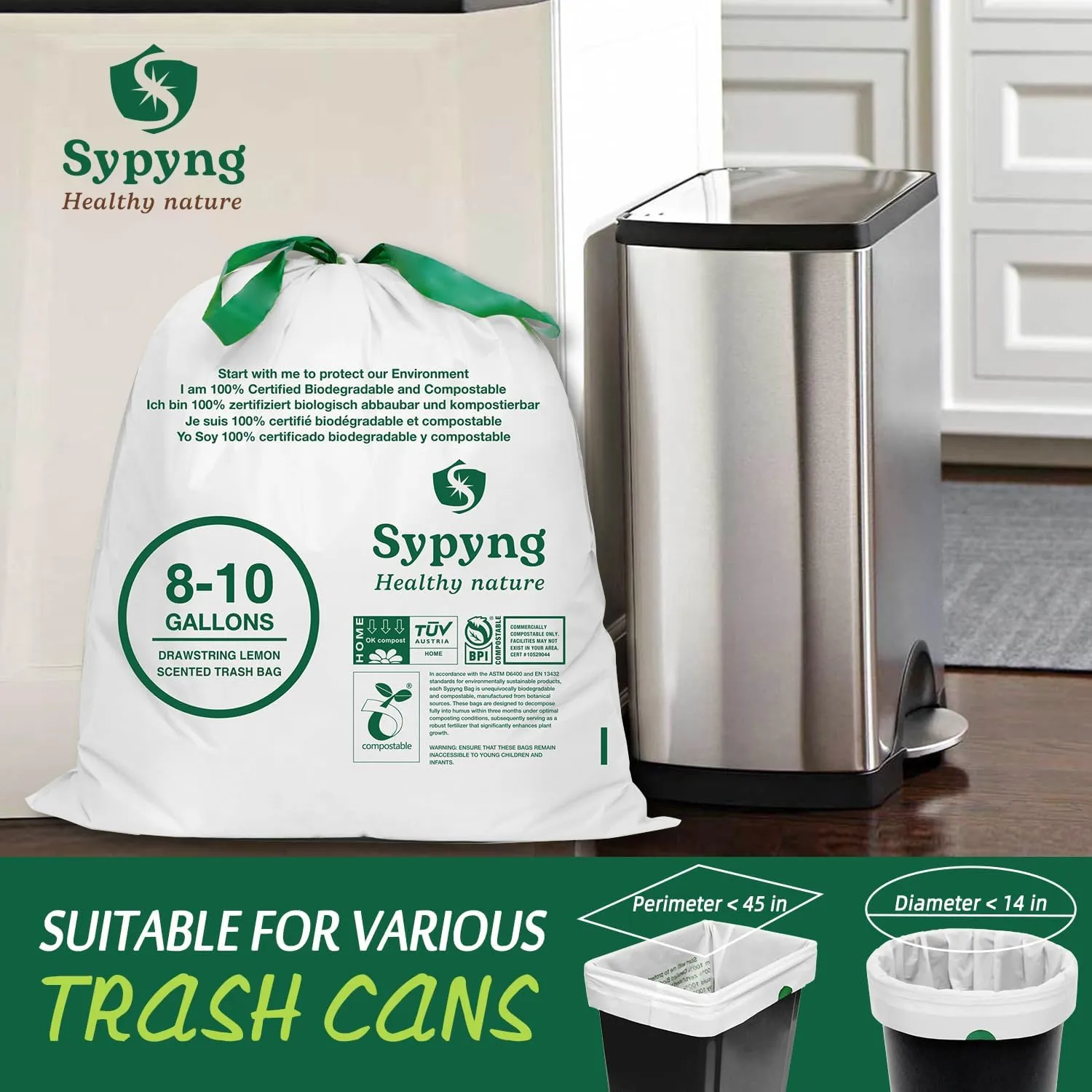 Compostable Trash Bags - Compost Bags with Drawstring - 100% Biodegradable & Recyclable, Heavy Duty Garbage Bags 50 Counts, ASTM D6400, US BPI (White,10 Gallon)
