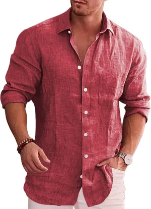 COOFANDY Men's Casual Button Down Shirt Long Sleeve Linen Chambray Shirt