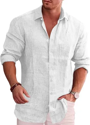 COOFANDY Men's Casual Button Down Shirt Long Sleeve Linen Chambray Shirt