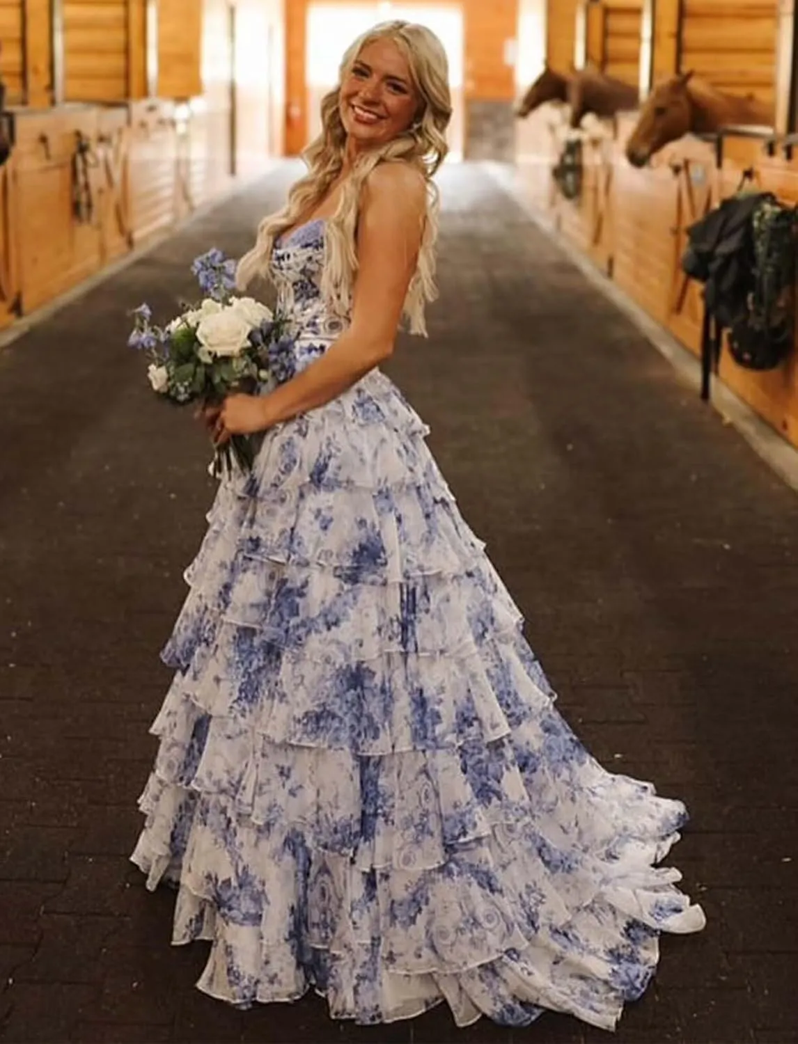 Corset Floral Tiered Prom Dresses for Women 2025 Strapless Long Ruffle Formal Evening Gowns with Slit