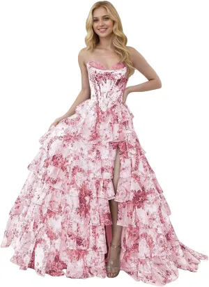 Corset Floral Tiered Prom Dresses for Women 2025 Strapless Long Ruffle Formal Evening Gowns with Slit