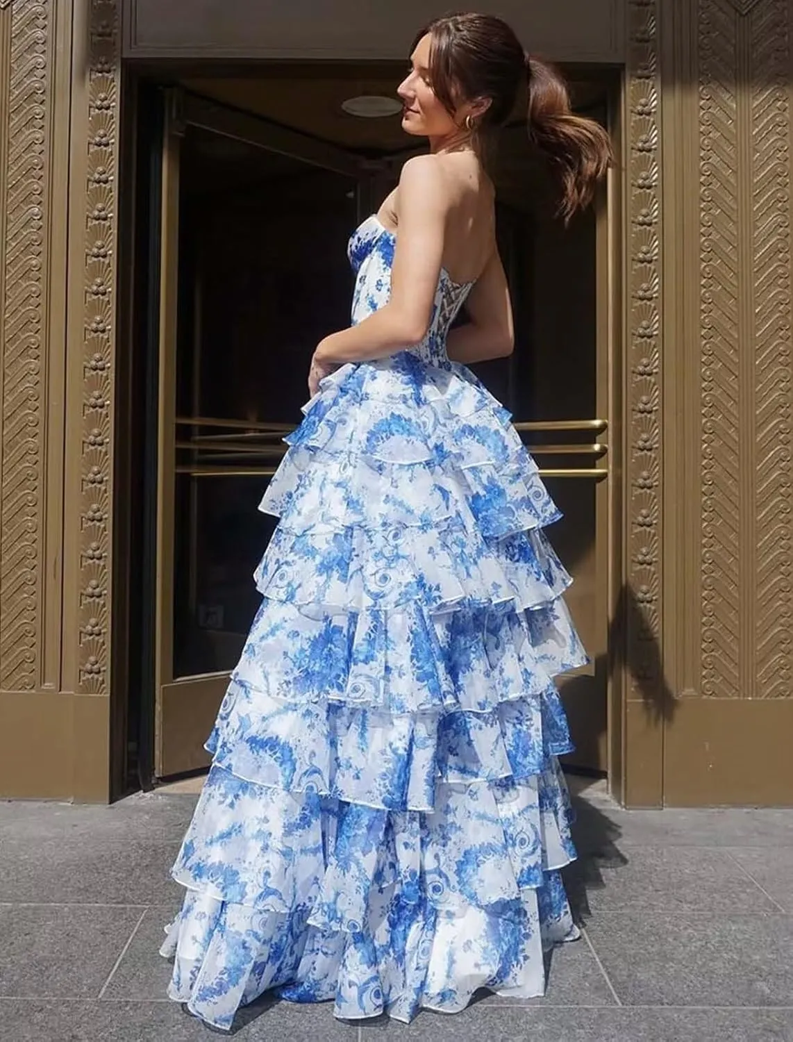 Corset Floral Tiered Prom Dresses for Women 2025 Strapless Long Ruffle Formal Evening Gowns with Slit
