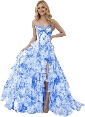 Corset Floral Tiered Prom Dresses for Women 2025 Strapless Long Ruffle Formal Evening Gowns with Slit