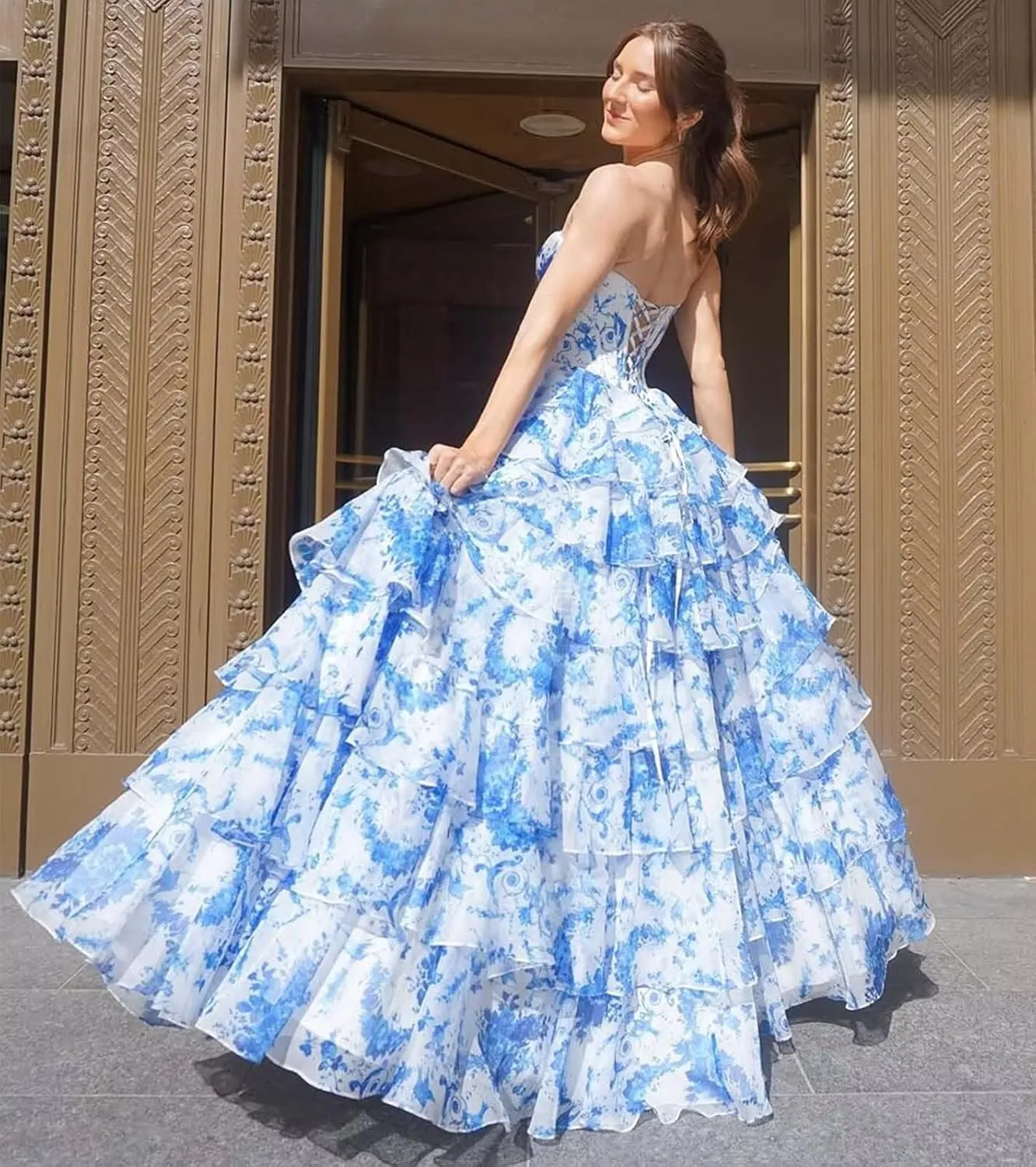 Corset Floral Tiered Prom Dresses for Women 2025 Strapless Long Ruffle Formal Evening Gowns with Slit