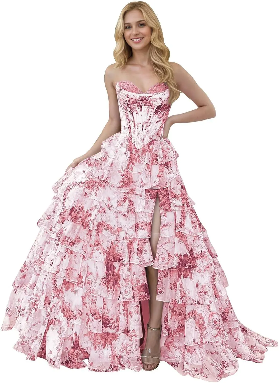 Corset Floral Tiered Prom Dresses for Women 2025 Strapless Long Ruffle Formal Evening Gowns with Slit
