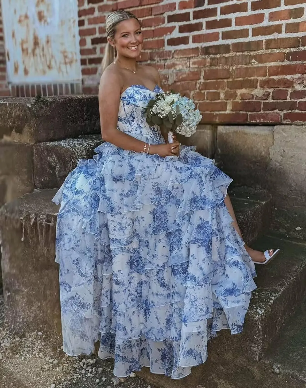 Corset Floral Tiered Prom Dresses for Women 2025 Strapless Long Ruffle Formal Evening Gowns with Slit