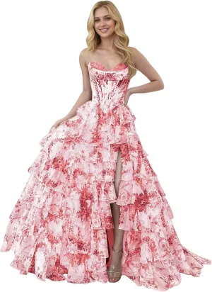 Corset Floral Tiered Prom Dresses for Women 2025 Strapless Long Ruffle Formal Evening Gowns with Slit
