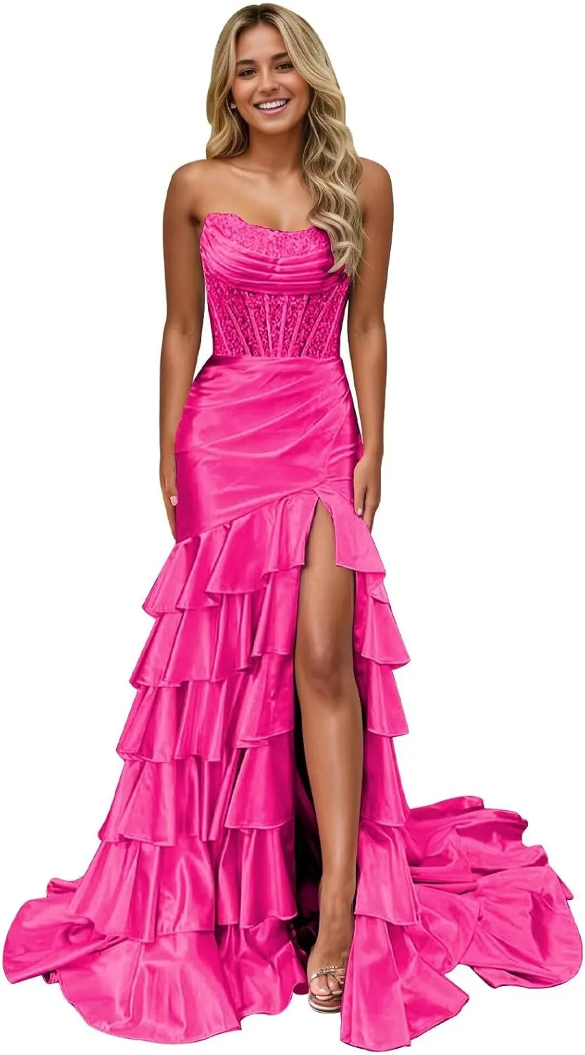 Corset Mermaid Satin Prom Dress for Women Strapless Tiered Ruffle Formal Evening Gowns with Slit