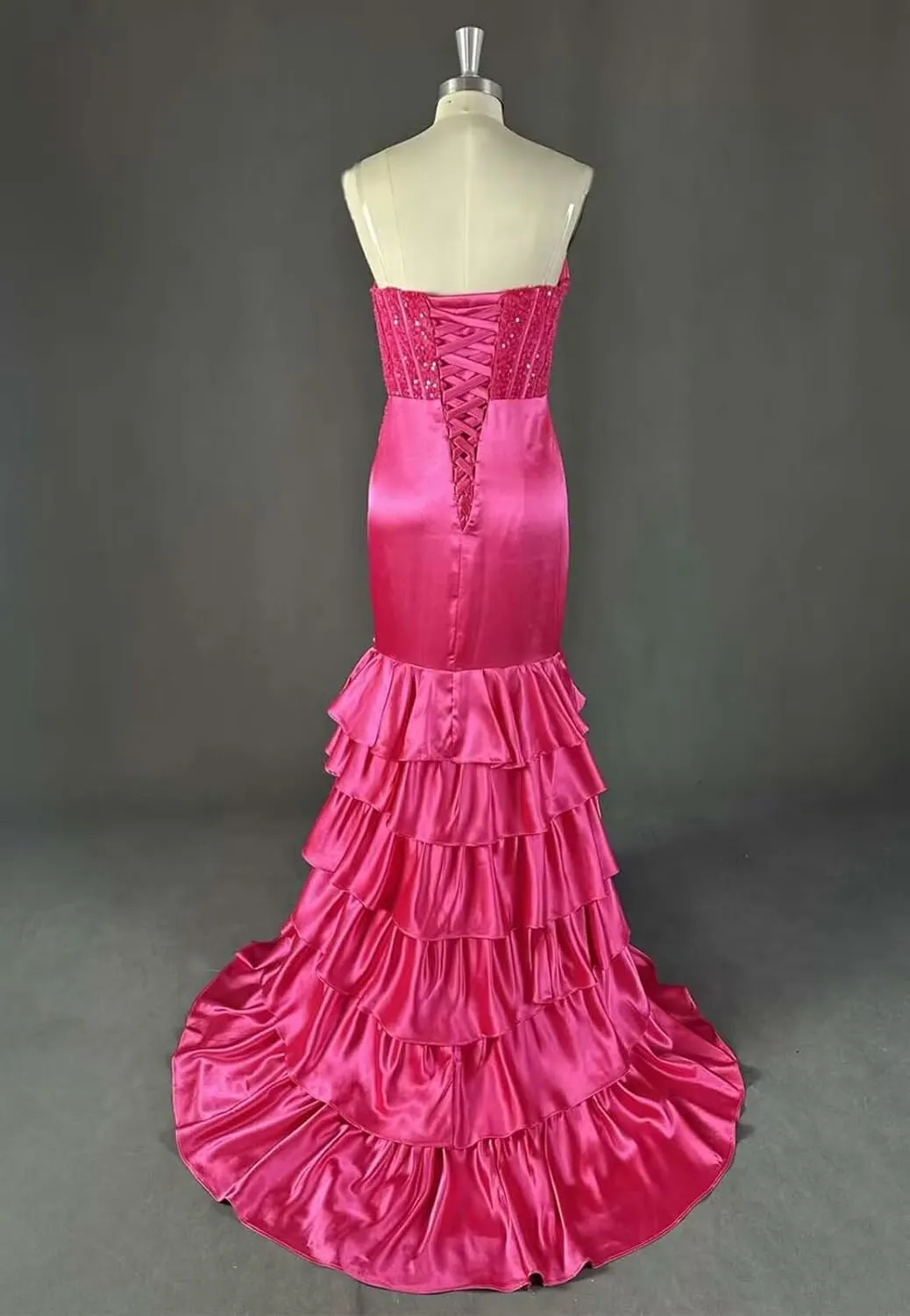 Corset Mermaid Satin Prom Dress for Women Strapless Tiered Ruffle Formal Evening Gowns with Slit