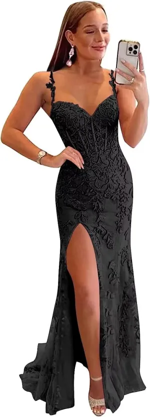 Corset Prom Dresses Lace Tulle Mermaid Formal Evening Gown with Slit
