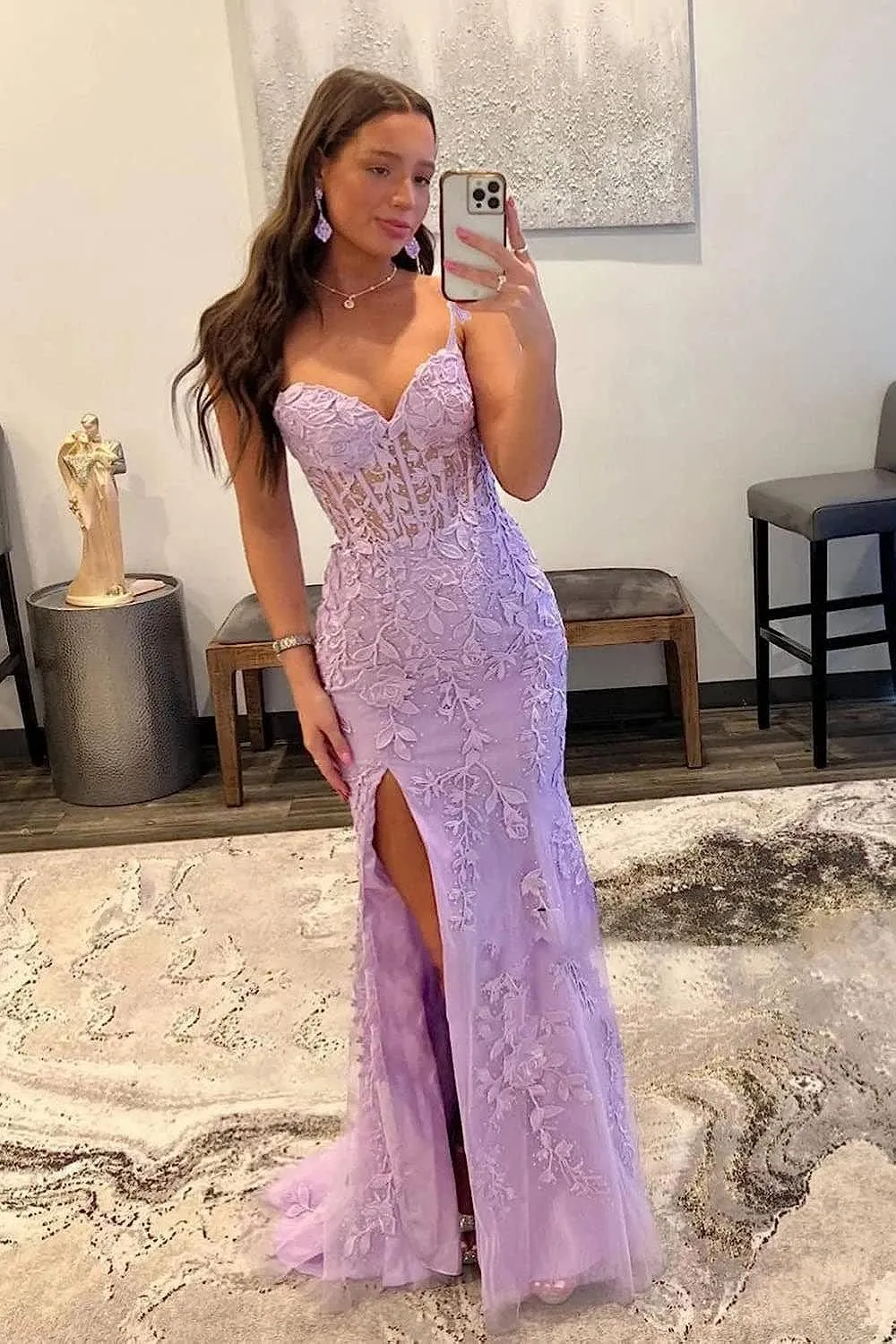 Corset Prom Dresses Lace Tulle Mermaid Formal Evening Gown with Slit