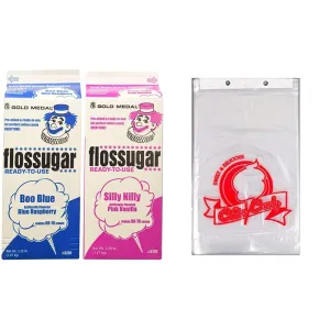 Cotton Candy Floss Sugar -2pk Cotton Candy Floss Sugar 2 Pack & Concession Essentials CE Cotton Candy Bags-200 Cotton Candy Bags with Ties, 0.5" Height, 18" Width, 12" Length (Pack of 200)