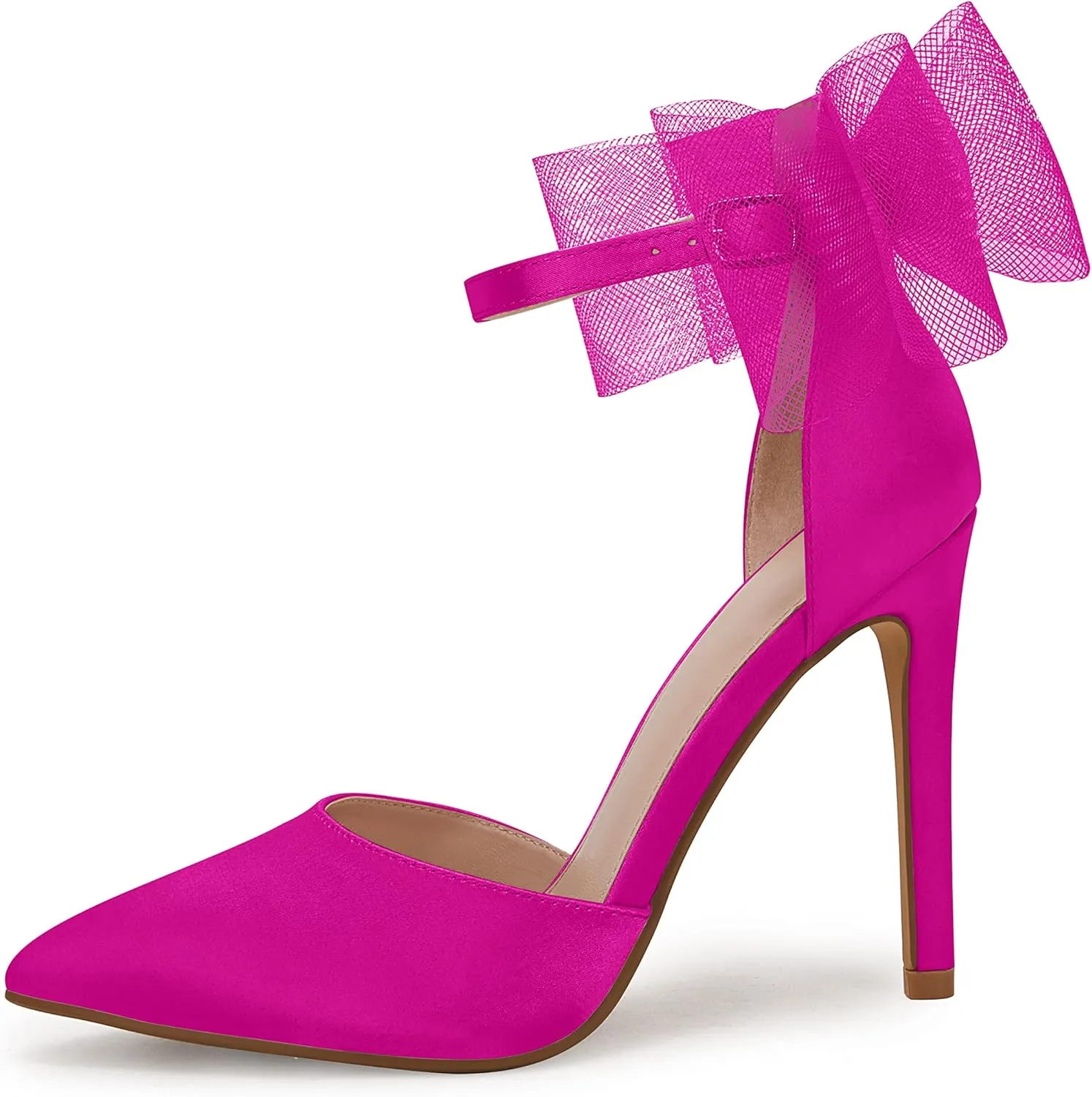 Coutgo Women's Closed Pointed Toe High Heels with Bow Knot Ankle Strap Satin Stiletto Pumps