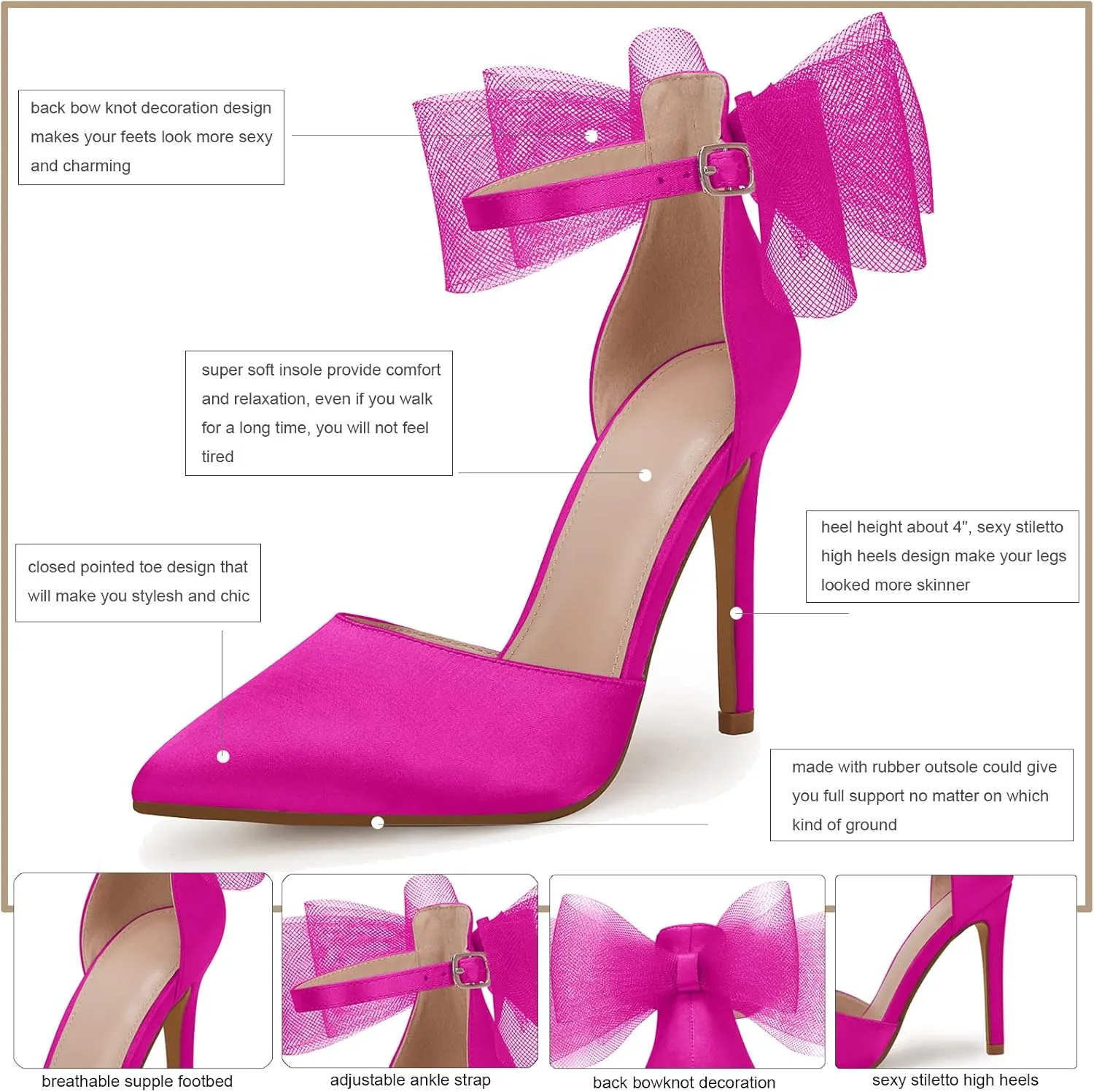Coutgo Women's Closed Pointed Toe High Heels with Bow Knot Ankle Strap Satin Stiletto Pumps