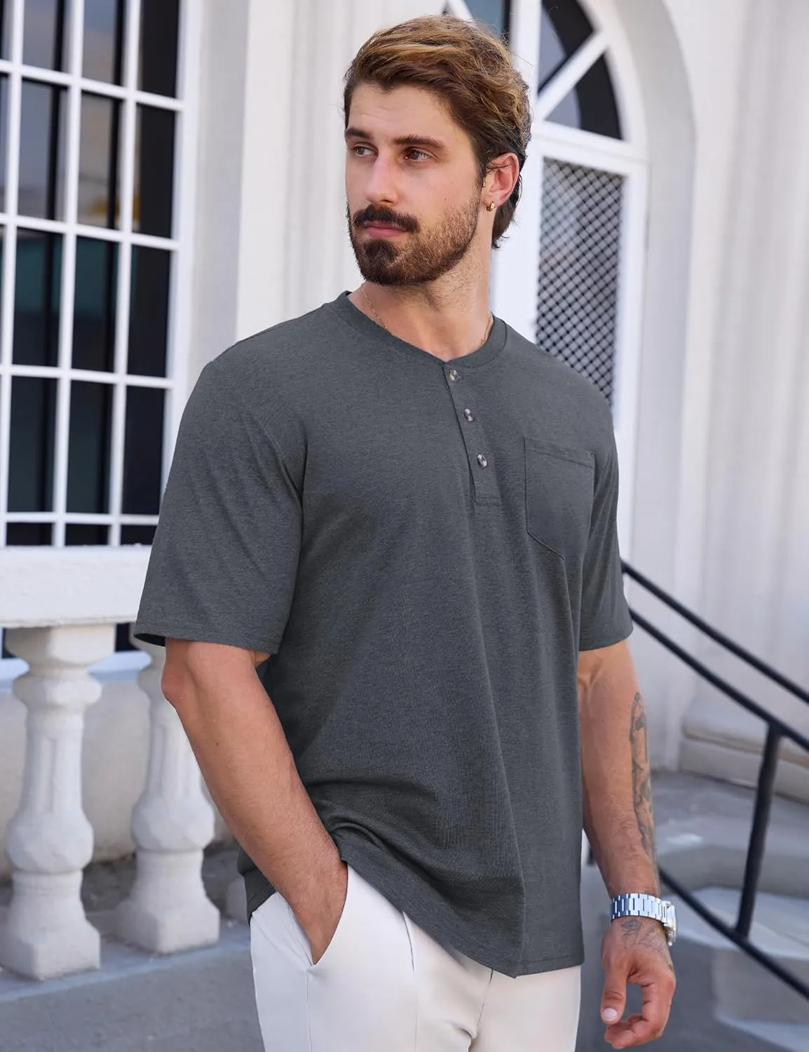 CRYSULLY Men's Henley Shirt Short Sleeve Cotton T-Shirts Pocket 3 Button Tops Lightweight Casual Basic Tee