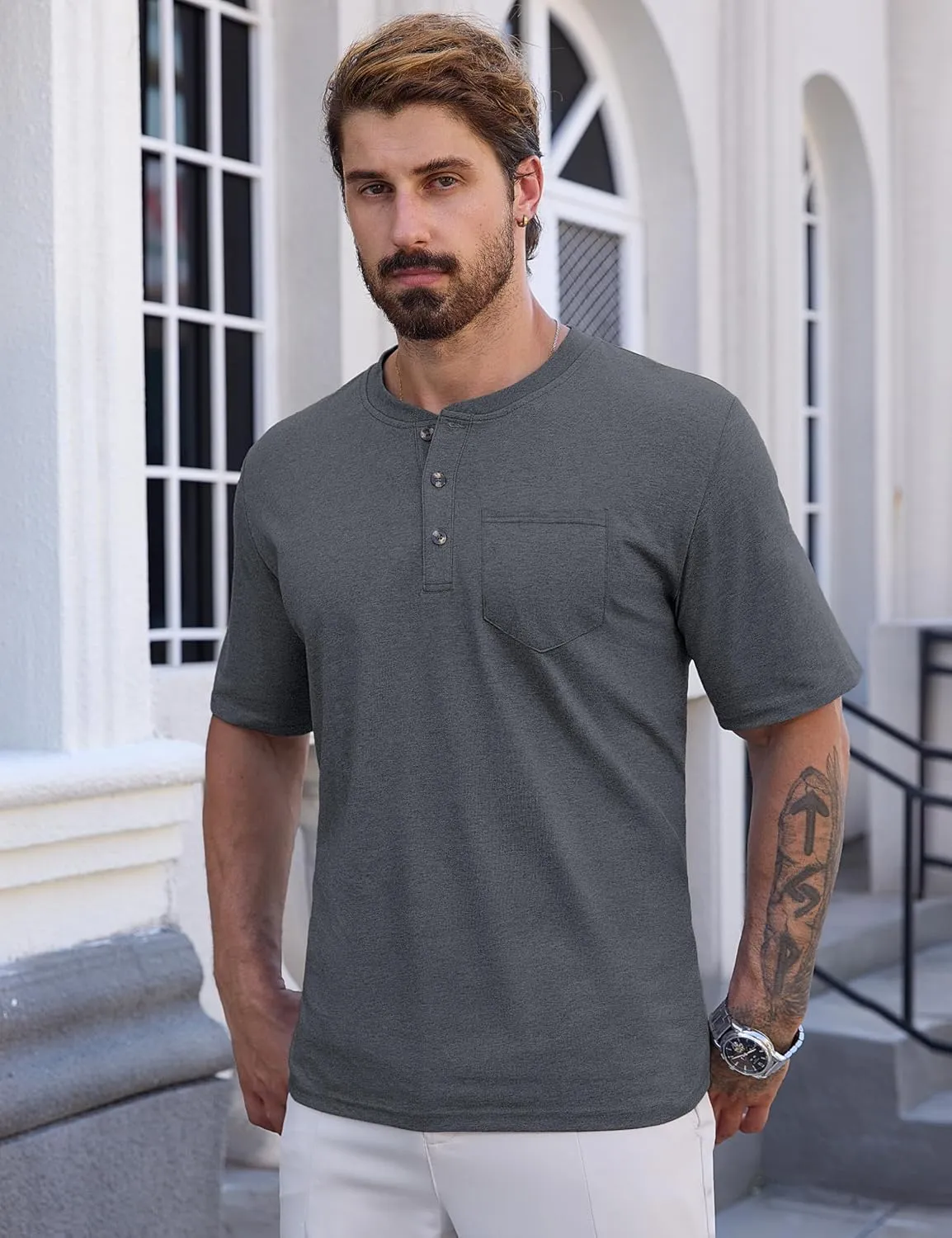 CRYSULLY Men's Henley Shirt Short Sleeve Cotton T-Shirts Pocket 3 Button Tops Lightweight Casual Basic Tee