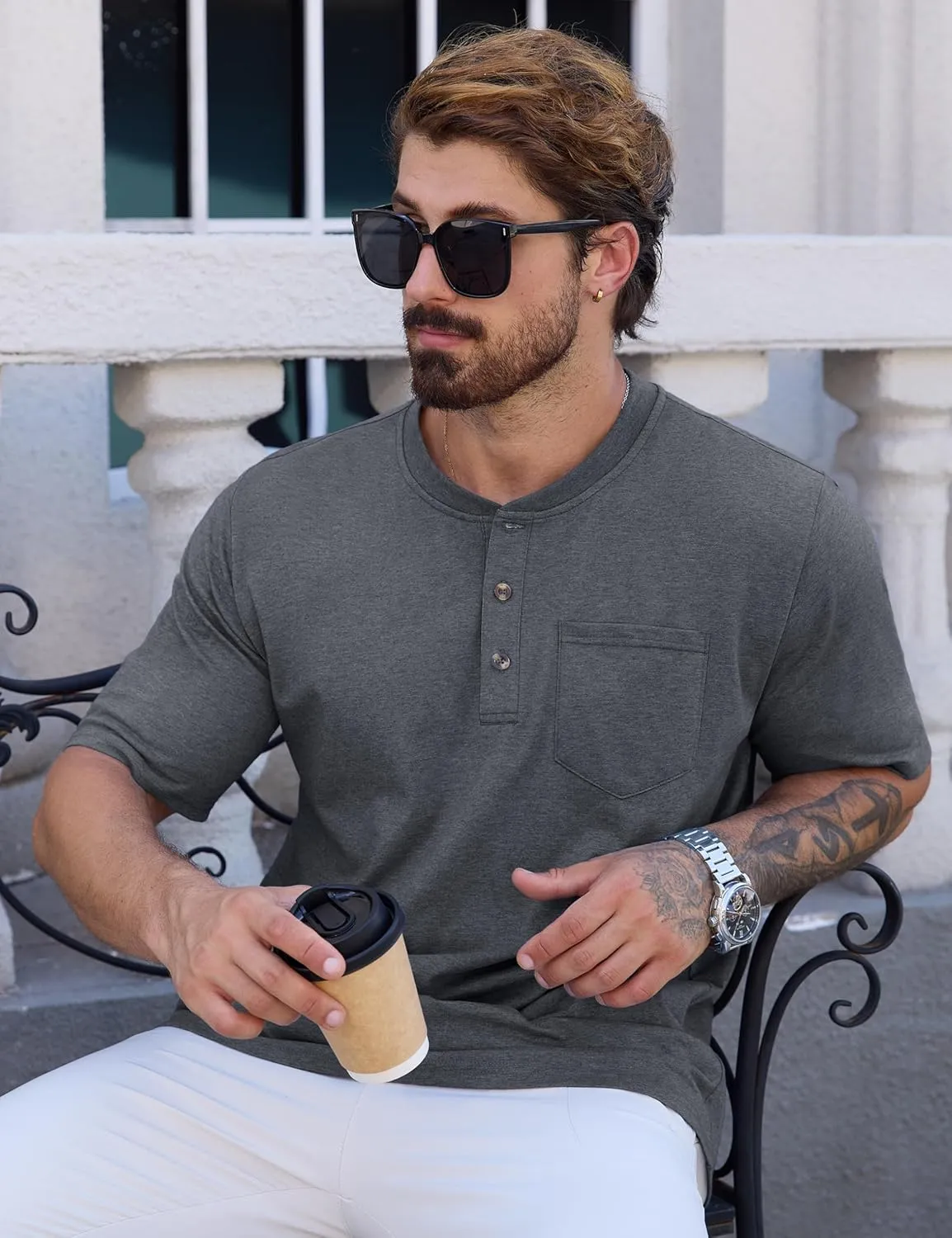 CRYSULLY Men's Henley Shirt Short Sleeve Cotton T-Shirts Pocket 3 Button Tops Lightweight Casual Basic Tee