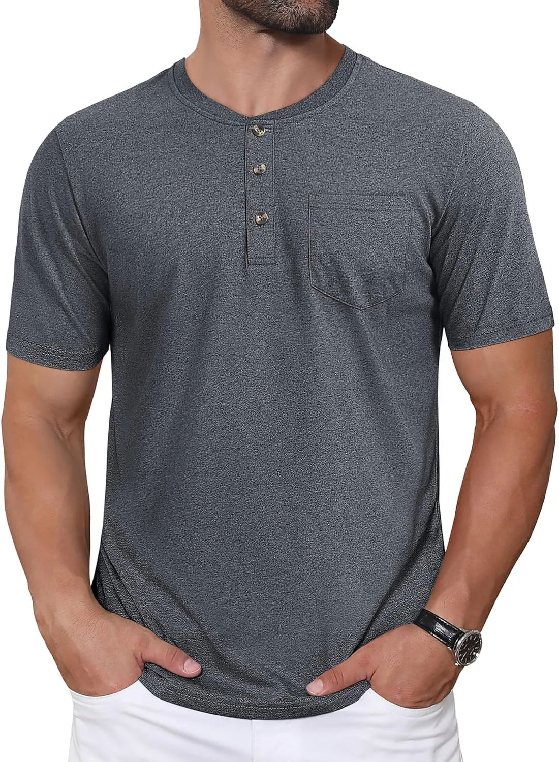 CRYSULLY Men's Henley Shirt Short Sleeve Cotton T-Shirts Pocket 3 Button Tops Lightweight Casual Basic Tee