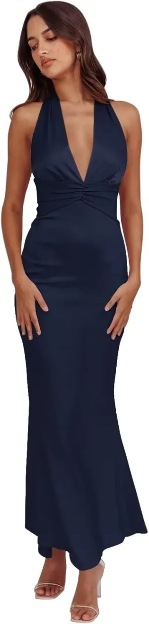 Cudiew Satin Bridesmaid Dresses Deep V Neck Prom Dress for Women Halter Self Tie Backless Formal Evening Party Gown