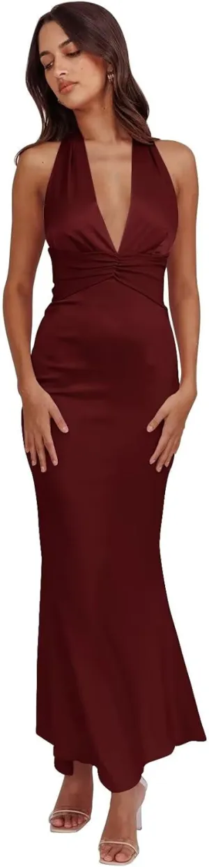 Cudiew Satin Bridesmaid Dresses Deep V Neck Prom Dress for Women Halter Self Tie Backless Formal Evening Party Gown