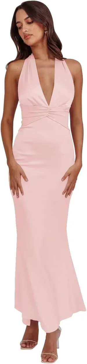 Cudiew Satin Bridesmaid Dresses Deep V Neck Prom Dress for Women Halter Self Tie Backless Formal Evening Party Gown