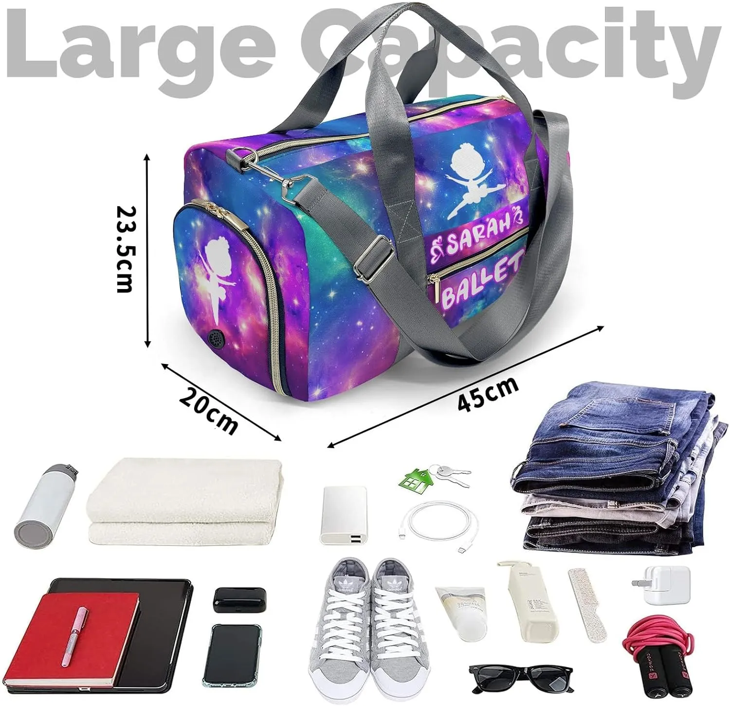 Custom Ballet Dancer Colorful Starry Gym Bags Duffel Bag with Name Child Kids Adjustable Shoulder Strap Travel Bag for Boys Girls Teens
