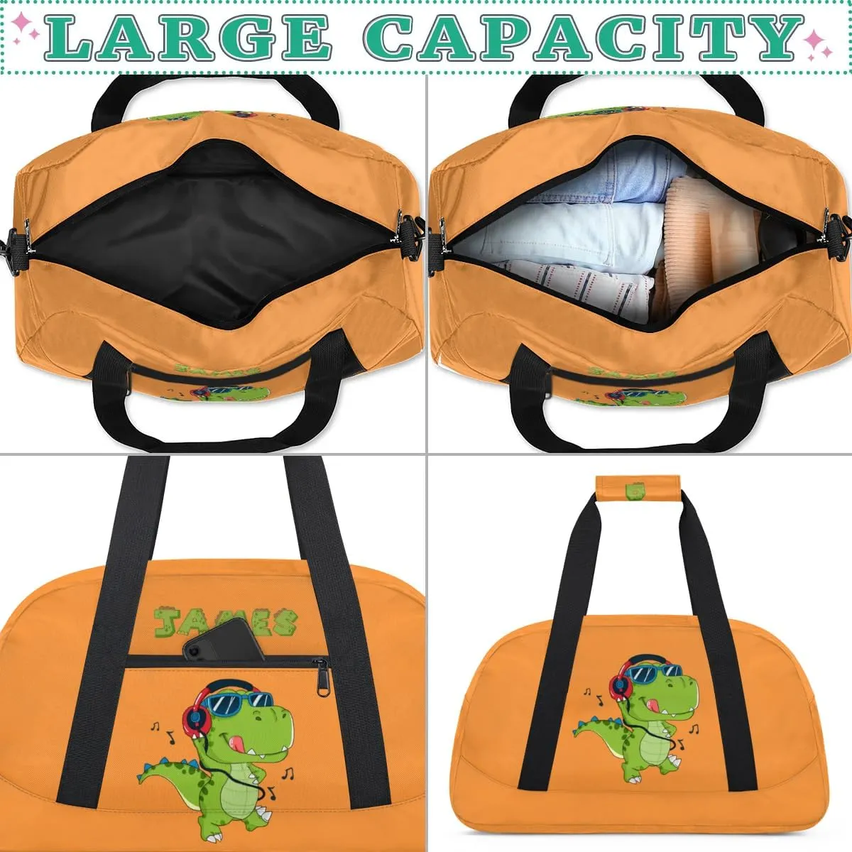 Custom Duffel Bag for Kids Small Sports Gym Bag for Boys Overnight Bag Kids Travel Luggage Bag Music Dinosaur Orange Sports Bag