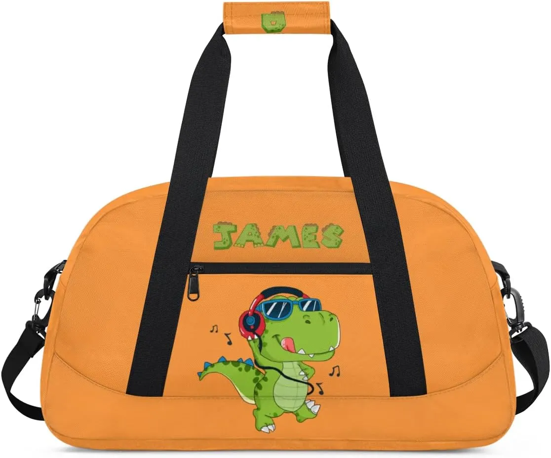 Custom Duffel Bag for Kids Small Sports Gym Bag for Boys Overnight Bag Kids Travel Luggage Bag Music Dinosaur Orange Sports Bag