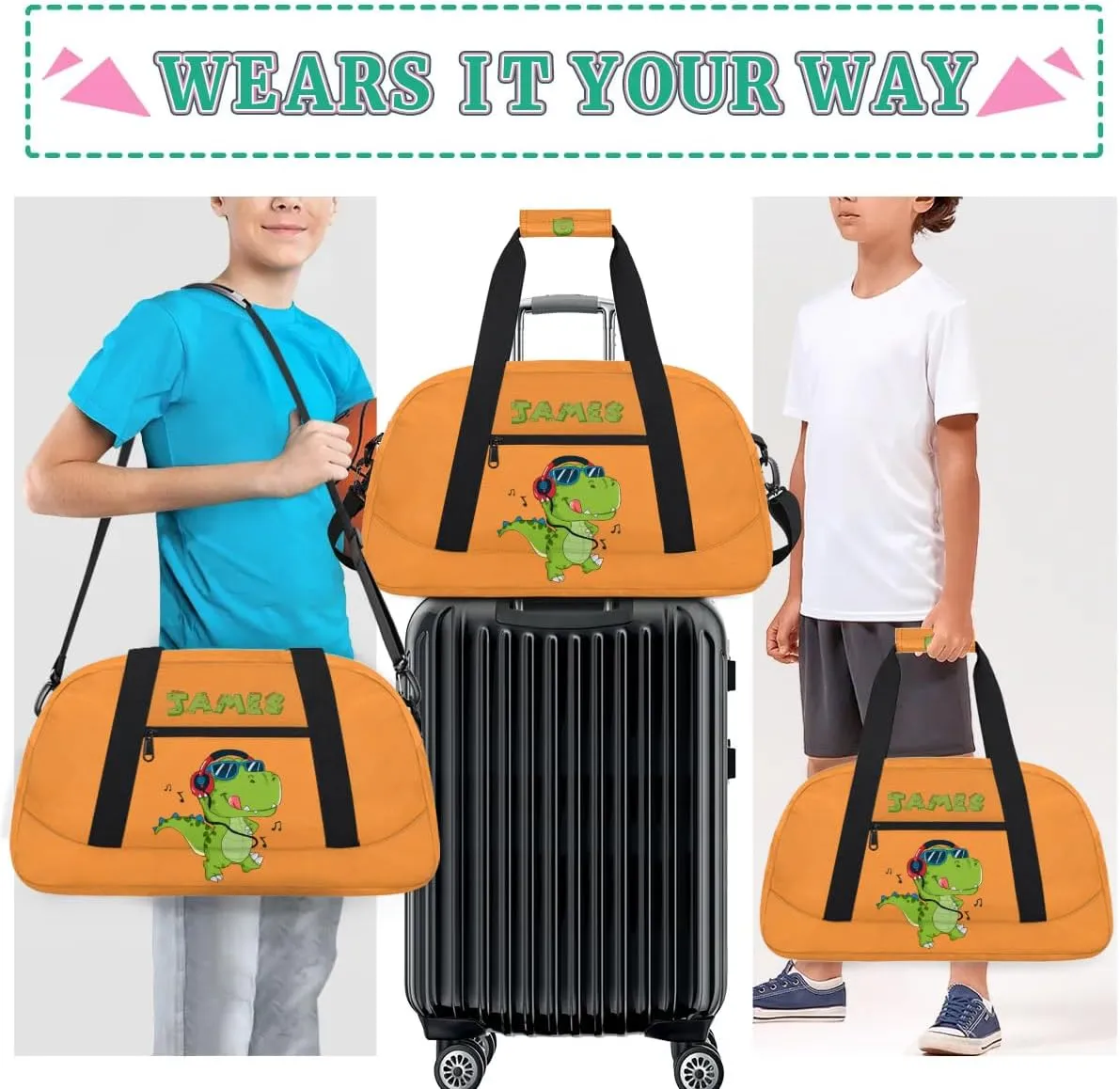 Custom Duffel Bag for Kids Small Sports Gym Bag for Boys Overnight Bag Kids Travel Luggage Bag Music Dinosaur Orange Sports Bag